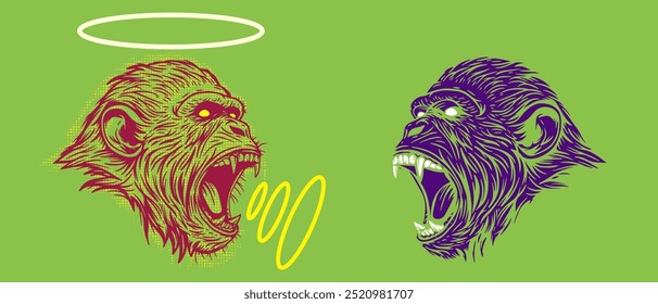 Angry monkey head in colorful pop art style. Modern abstract print with animal. Vivid creative vector illustration.