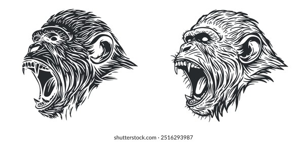 Cabeça de macaco bravo em estilo de esboço desenhado à mão. Silhueta monocromática animal para tatuagem, impressão, marca. Ilustração vetorial.