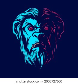 Angry monkey Line. Pop Art logo. Colorful design with dark background. Abstract vector illustration. Isolated black background for t-shirt, poster, clothing, merch, apparel, badge design