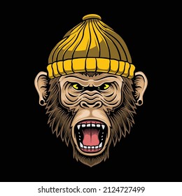 Angry monkey wear beanie premium vector The Concept of Isolated Technology. Flat Cartoon Style Suitable for Landing Web Pages, Banners, Flyers, Stickers, Cards