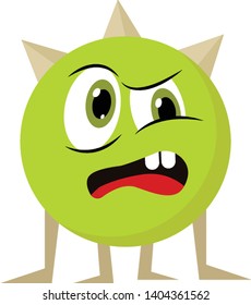 An angry monster with big eyes; with two teeth, with red tongue, with horn, vector, color drawing or illustration. 