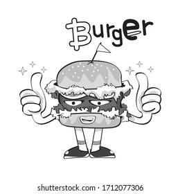 Angry monster cartoon hamburger with smiley face, black and white vector illustration logo