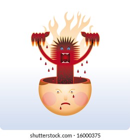Angry monster lifts from an human head. A bad feeling concept.