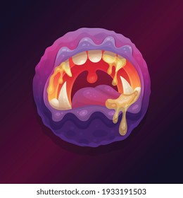 Angry monster mouth with teeth and flowing saliva, flat vector illustration on dark background. Fancy evil beast or monster spooky frightening open jaws.