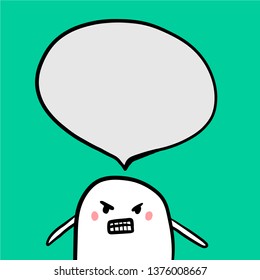 Angry monster and speech bubble hand drawn illustration in cartoon style minimalism on turquoise font