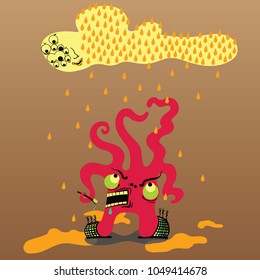 An angry monster with tentacles cursing on a cloud of watering it with a yellow rain