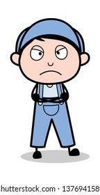 Angry Mood - Retro Repairman Cartoon Worker Vector Illustration