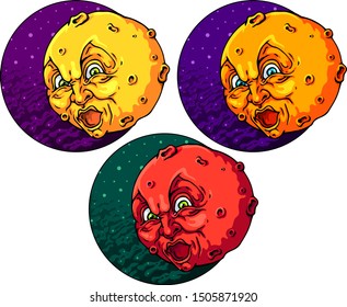 Angry Moon on background Halloween vector illustration set. Isolated on white. Web, graphic, greeting cards, stickers and clothes design. Prints of any kind