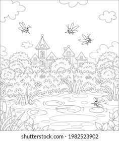 Angry mosquitoes flying and humming around a small pond in a summer park of a pretty town, black and white outline vector cartoon illustration for a coloring book page