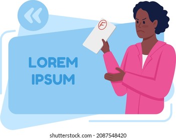 Angry mother because of bad grades vector quote box with flat character. Mad mom. Speech bubble with cartoon illustration. Colourful quotation design on white background. Fredoka one font used