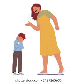 Angry Mother Character with Furious Face And Raised Voice, Towers Over her Small Son, Who Cowers, Eyes Full of Sorrow, As Harsh Words Are Sternly Delivered. Cartoon People Vector Illustration