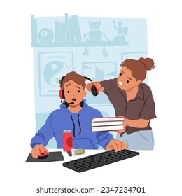 Personaje De Madre Enfadada Tratando De Romper La Zona De Auriculares Del Hijo Y Atraer Su Atención De La Computadora Para Hacer Su Trabajo. Concepto de adicción a los gadgets para adolescentes. Ilustración de vectores de personas de caricatura