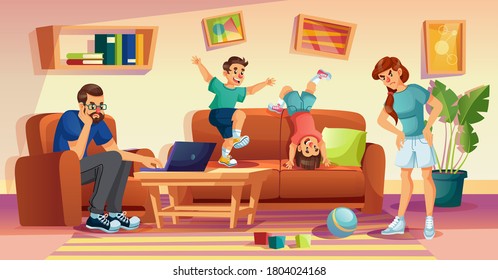 Angry mother and father annoyed from naughty kids at home. Man freelancer trying to work online on laptop. Woman scolding children for mess in living room. Rowdy boys jumping on sofa. Child bad behavior