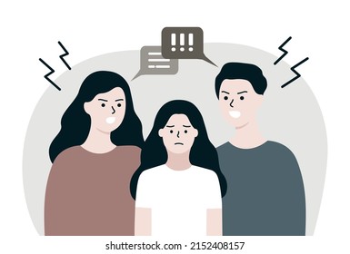 Angry mother and father couple arguing, shouting, blaming with each other near depressed daughter. Parenthood, conflict, divorce, family issue, relationship concept. Flat people vector illustration.