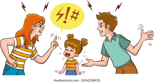 Angry mother and father fought in front of their children. Fighting man and woman couple upsets the girl child. Relationship conflict, divorce problem flat vector illustration