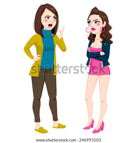 Angry mother having a quarrel arguing with rebellious teenage daughter wearing a dress too short
