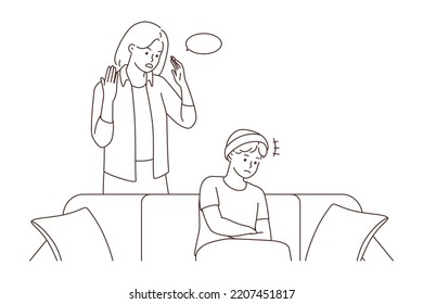 Angry mother lecturing teen child sitting on sofa at home. Mad mom talking scolding teenager, having fight or misunderstanding. Generation gap. Vector illustration. 