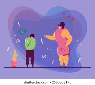 Madre enojada reprochando hijo travieso. Ilustración vectorial plana. Mujer estricta castigando, reprendiendo, molesto, niño llorando. Paternidad, familia, pelea, argumento, educación, concepto de conflicto para el diseño