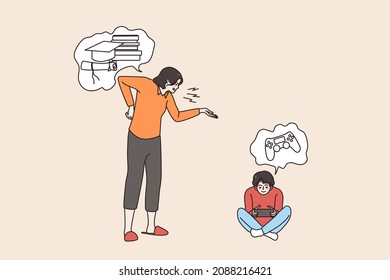 Angry Mother Scold Teen Son Playing Video Games, Ask For School Studying. Furious Mom Lecture Small Boy Child For Not Learning. Children And Parent Problem. Education Concept. Vector Illustration. 