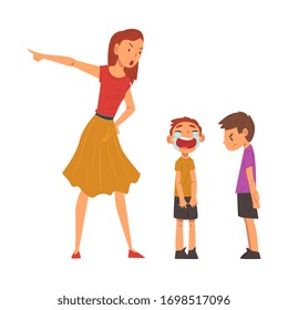 Angry Mother Scolding Her Naughty Sons, Relationships Between Kids and Parent, One Boy Crying Bitterly Vector Illustration