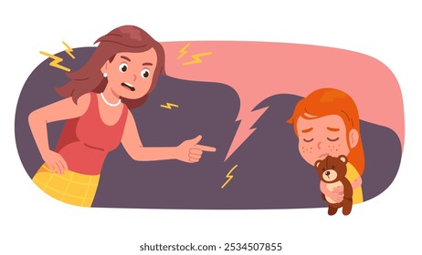 Madre enojada regañando a un niño triste sosteniendo un oso de peluche, ilustrando el conflicto familiar, la disciplina y la angustia emocional en una relación padre-hijo. Ilustración de personaje de Vector plano