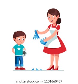 Angry mother scolding sad preschool son kid for breaking vase while playing soccer. Upset guilty boy kid holding soccer ball. Parenting & misbehavior. Flat style vector illustration isolated on white