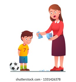 Angry Mother Scolding Sad Preschool Son Kid For Breaking Vase While Playing Football. Upset Guilty Boy Child With Soccer Ball. Parenting And Misbehavior. Flat Character Vector Isolated Illustration