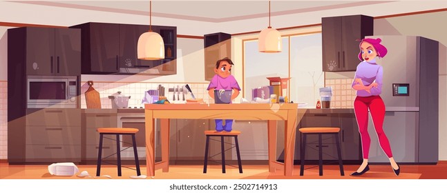 Angry mother scolding teen son for making mess in kitchen during cooking sweet dessert. Cartoon vector of cute funny teenager boy preparing food and stressed mom. Family in cuisine interior.