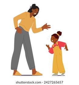 Angry Mother Scolds And Screams At Her Little Daughter, Who Screams Back, Their Faces Contorted In Tense, Emotional Confrontation. Black Family Characters Conflict. Cartoon People Vector Illustration