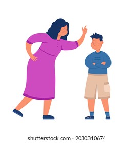 Angry mother screaming at naughty son. Flat vector illustration. Cartoon woman reproaching, rebuking upset child for bad behavior. Family, education, argument, parenting concept for banner design