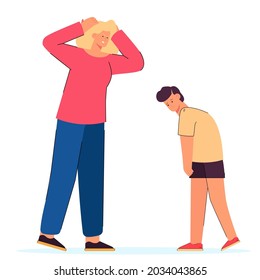 Angry mother screaming at naughty son. Flat vector illustration. Furious woman rebuking, reproaching and punishing upset child for bad behavior. Education, family, parenting, argument concept