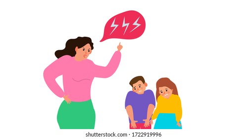 angry mother screaming and scolding  her children boy and girl vector illustration