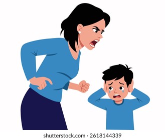 Mãe irritada gritando na ilustração do filho Emocional cena paternidade Vetor arte