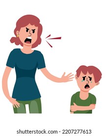 Angry mother screams and hits her son, domestic violence concept, Abusive mother vector illustration.