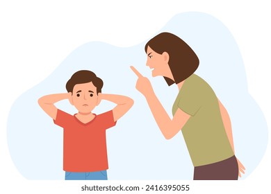 Madre furiosa gritando a su hijo. Mujer castigando a un chico triste por romper reglas o mal comportamiento. Niño cubriendo las orejas de la agresión. Problema familiar y mala relación.Ilustración vectorial 