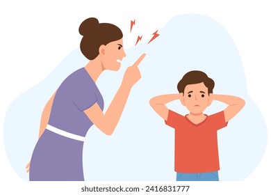 Angry Mother Shouting at his son. Unhappy boy covering ears with hands.Teen depression, anxiety, stress.Domestic Violence And Unhappy Childhood, Family Problem.Vector Illustration 