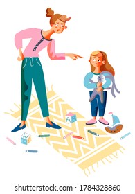 Angry mother shouting scolding sad daughter for mess in room. Upset girl feeling guilty. Children punishment. Parent kid quarrel. Childhood and family relationship. Stressful situation. Vector design