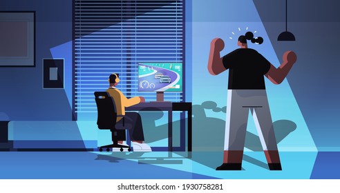 angry mother shouting at son virtual gamer playing video game on computer boy in headphones sitting in front of monitor night living room interior full length horizontal vector illustration