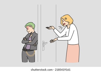 Angry mother talking to teen goth child locked in room. Parent children relationship concept. Adolescence and growing up. Vector illustration. 