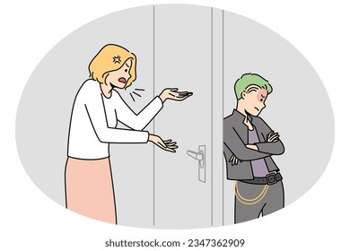 Angry mother talking to teen goth child locked in room. Parent children relationship concept. Adolescence and growing up. Vector illustration.