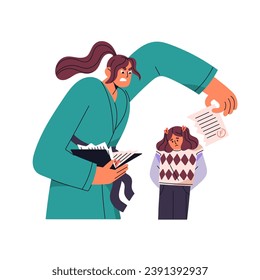 Angry mother with test yelling on scared kid. Stressed girl get bad grade at school. Furious woman scream on child. Emotional pressure. Childhood trauma flat isolated vector illustration on white