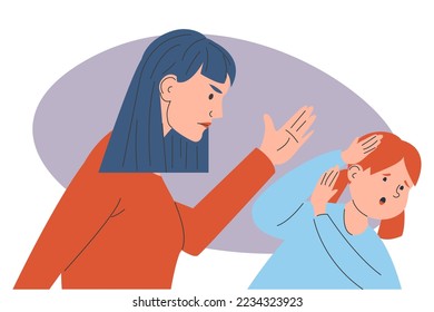 Angry mother threatens her daughter vector isolated. Furious parent beats child. Scared girl, vistim of the parent abuse. Conflict in family.