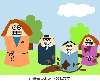 angry mother, and three dirty happy kids jumping in muddy paddle. funny vector