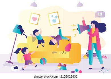 Angry Mother Tries To Calm Mischievous Children. Kids Playing Make Mess In Room. Parent Screams At Naughty Boys And Girl. Hyperactivity Problem Concept. Mom Restores Discipline. Vector Illustration