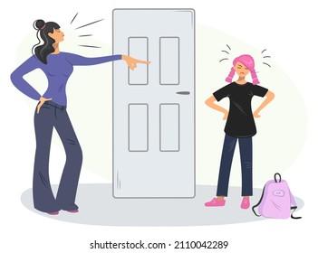 The angry mother is unhappy with her daughter's informal behavior and scolds her. Family conflict between mother and daughter teenager. The concept of the problems of adolescence. Vector flat style.