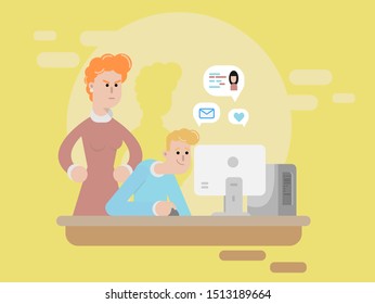 Angry mother watch her son playing a computer