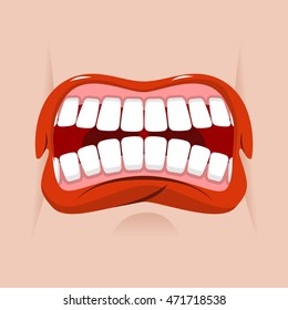 Angry mouth. aggressive emotion. Straseni grin. White teeth and red lips. Unhappy shout
