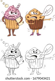 Angry muffin and irritated cupcake standing and talking to each other. Cartoon pastry characters. Editable stroke