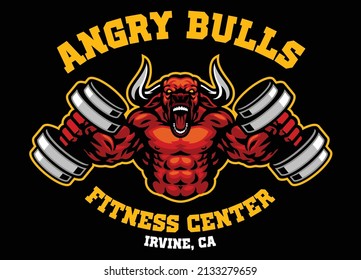 Angry Muscle Bodybuilder Bull of Gym Logo