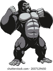 Angry muscular Gorilla standing vector in silver black shading